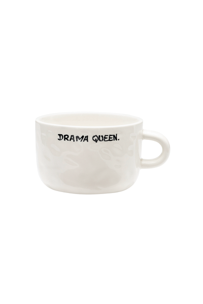 White mug with 'Drama Queen' text on a white background