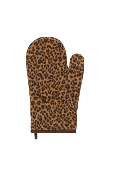 Leopard print oven mitt on a white background