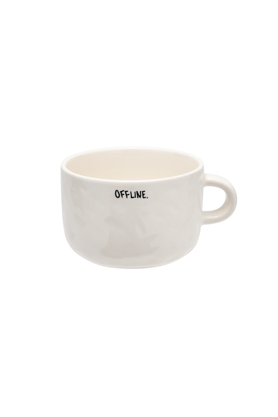 White mug with 'OFFLINE' text on a white background